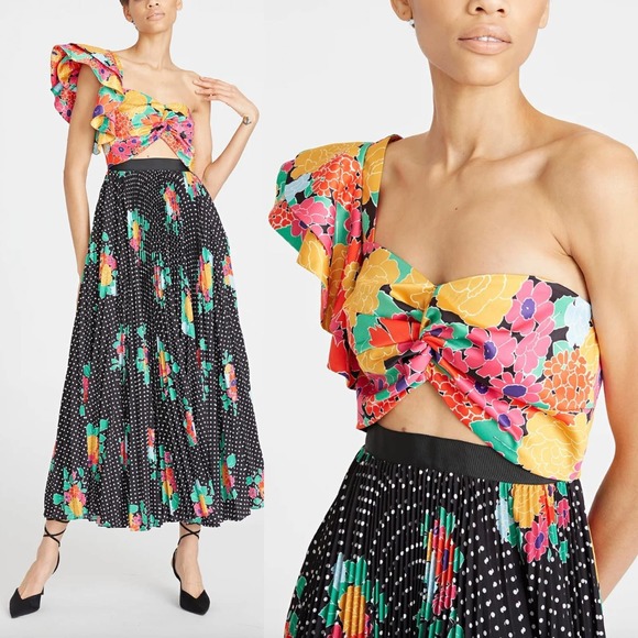 AMUR Dresses & Skirts - AMUR Cleopatra Pleated Floral One Shoulder Dress In Black Pop Dot Size 4 New